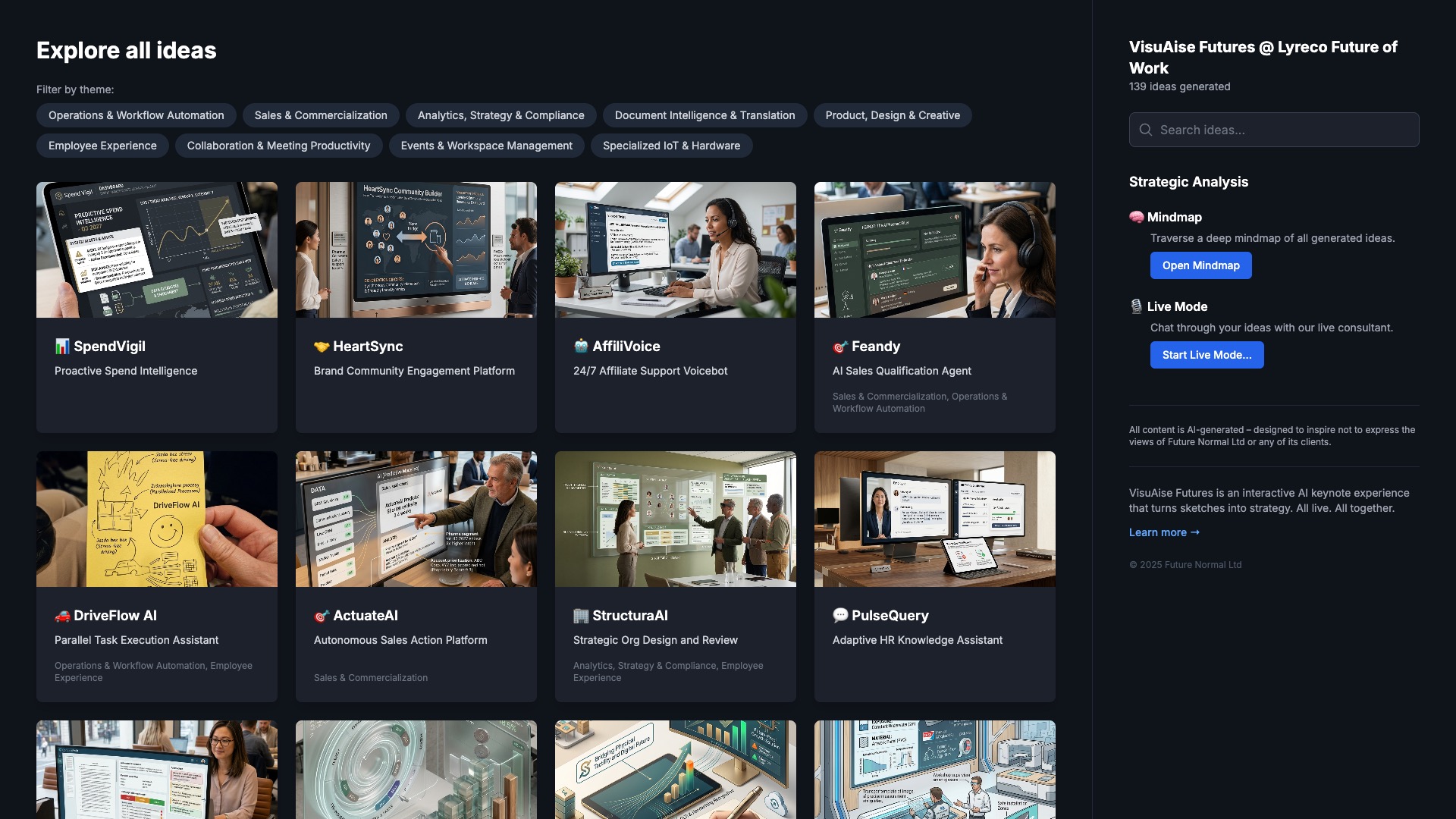 The Lyreco Future of Work Ideas Portal – browse all 139 audience ideas, filterable by theme