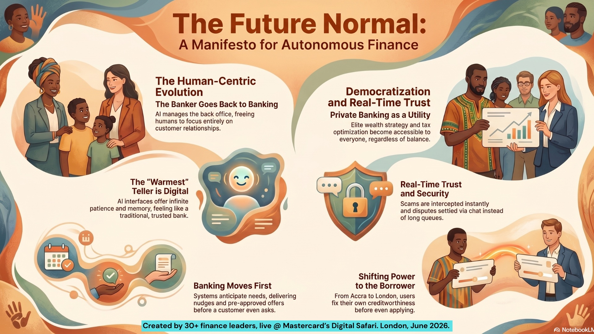 The Future Normal: A Manifesto for Autonomous Finance – a one-page infographic synthesising the room's ideas at Mastercard's Digital Safari