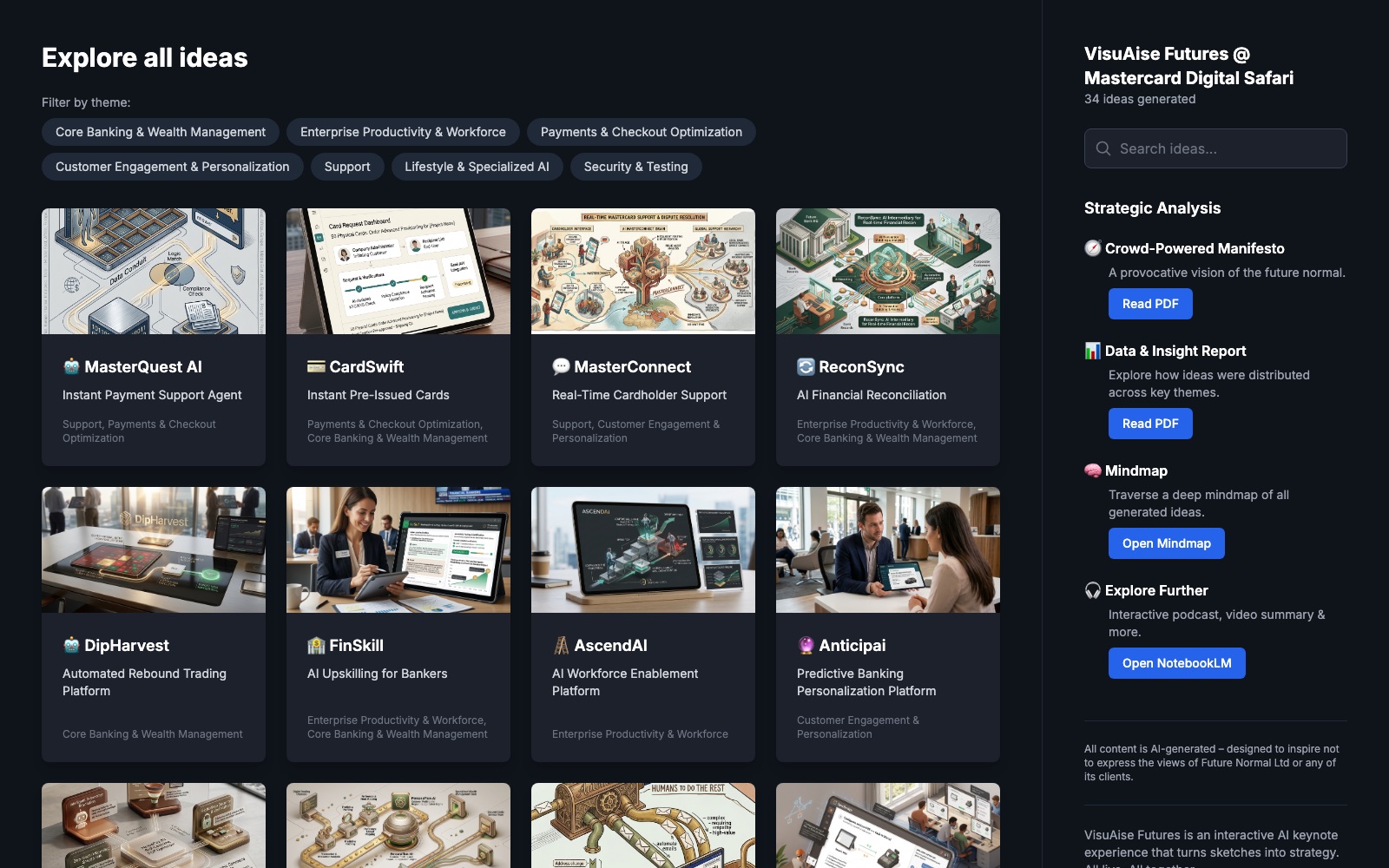 The Mastercard Digital Safari Ideas Portal – browse all 34 audience ideas, filterable by theme