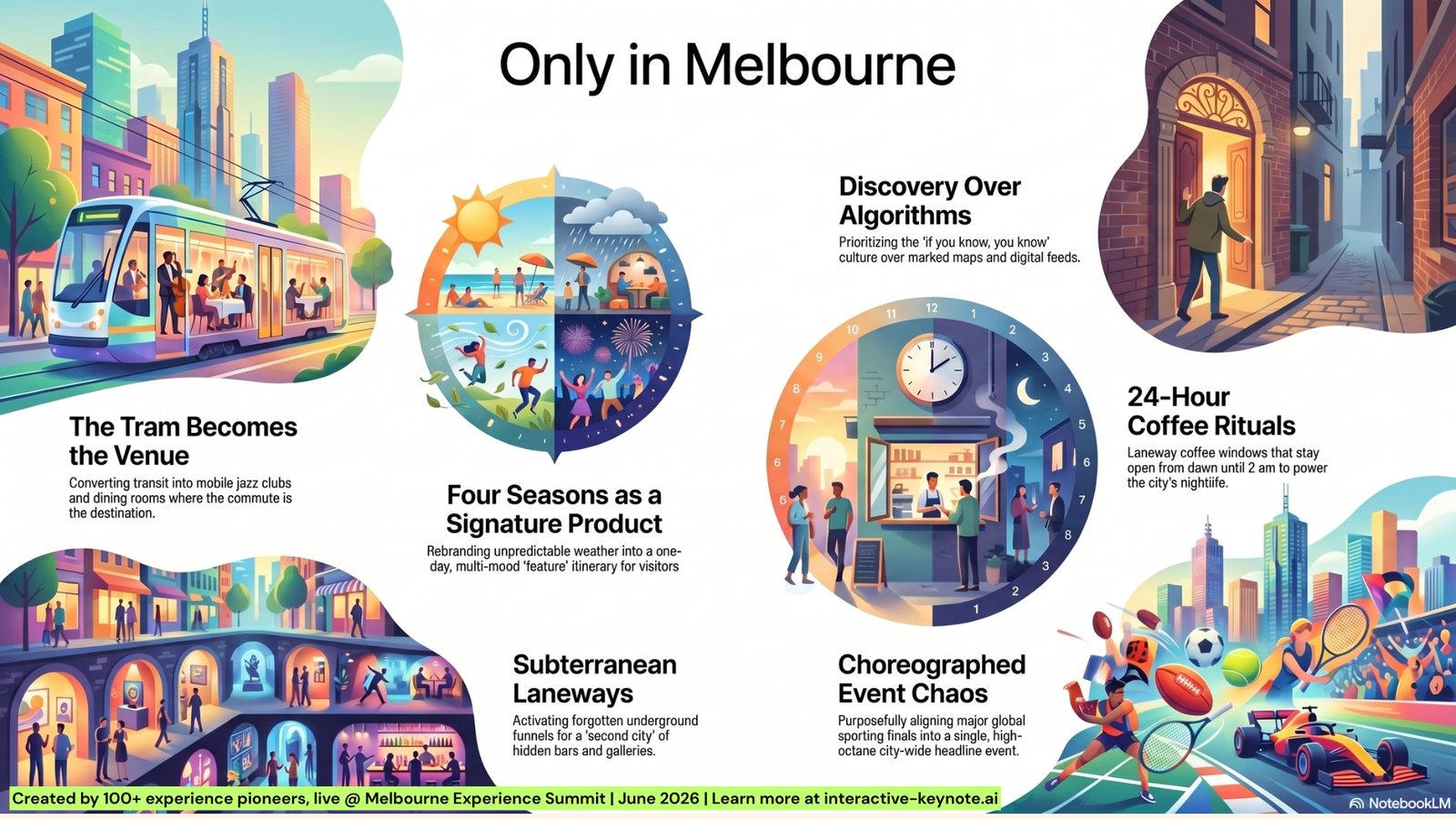 Only in Melbourne – a one-page infographic synthesising the room's ideas at the Melbourne Experience Summit
