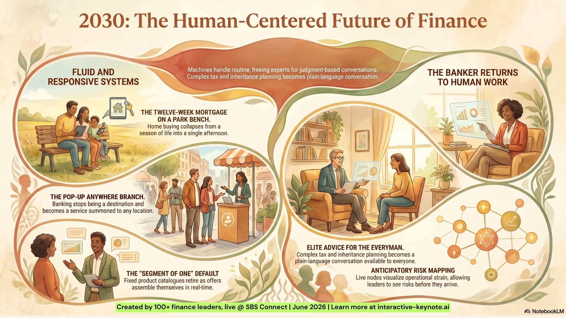 2030: The Human-Centered Future of Finance – a one-page infographic synthesising the room's ideas at SBS Connect