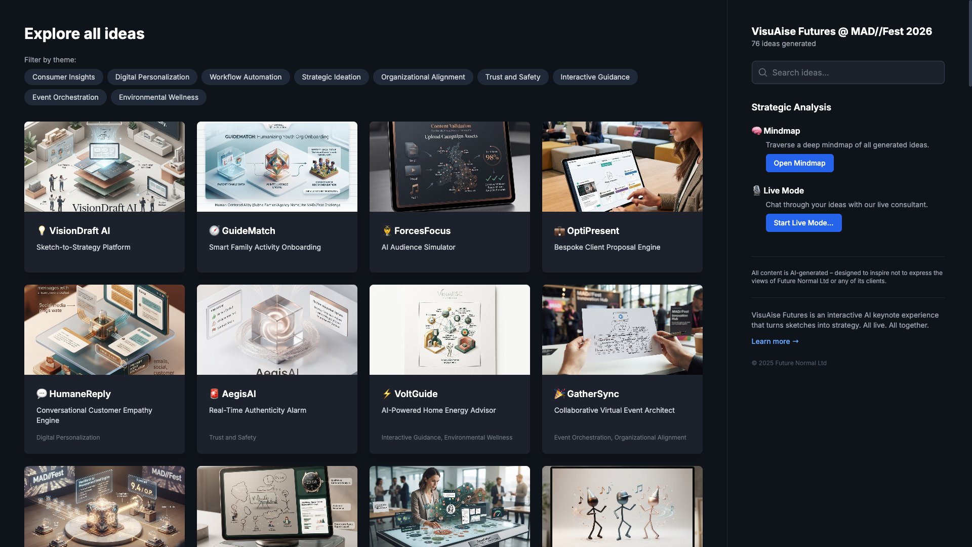 The MAD//Fest London Ideas Portal – browse all 76 audience ideas, filterable by theme
